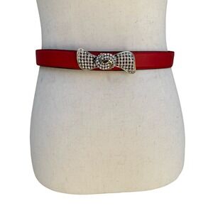 Alan Austin Vintage Red Italian Leather Belt Rhinestone Bow Buckle Made in Italy